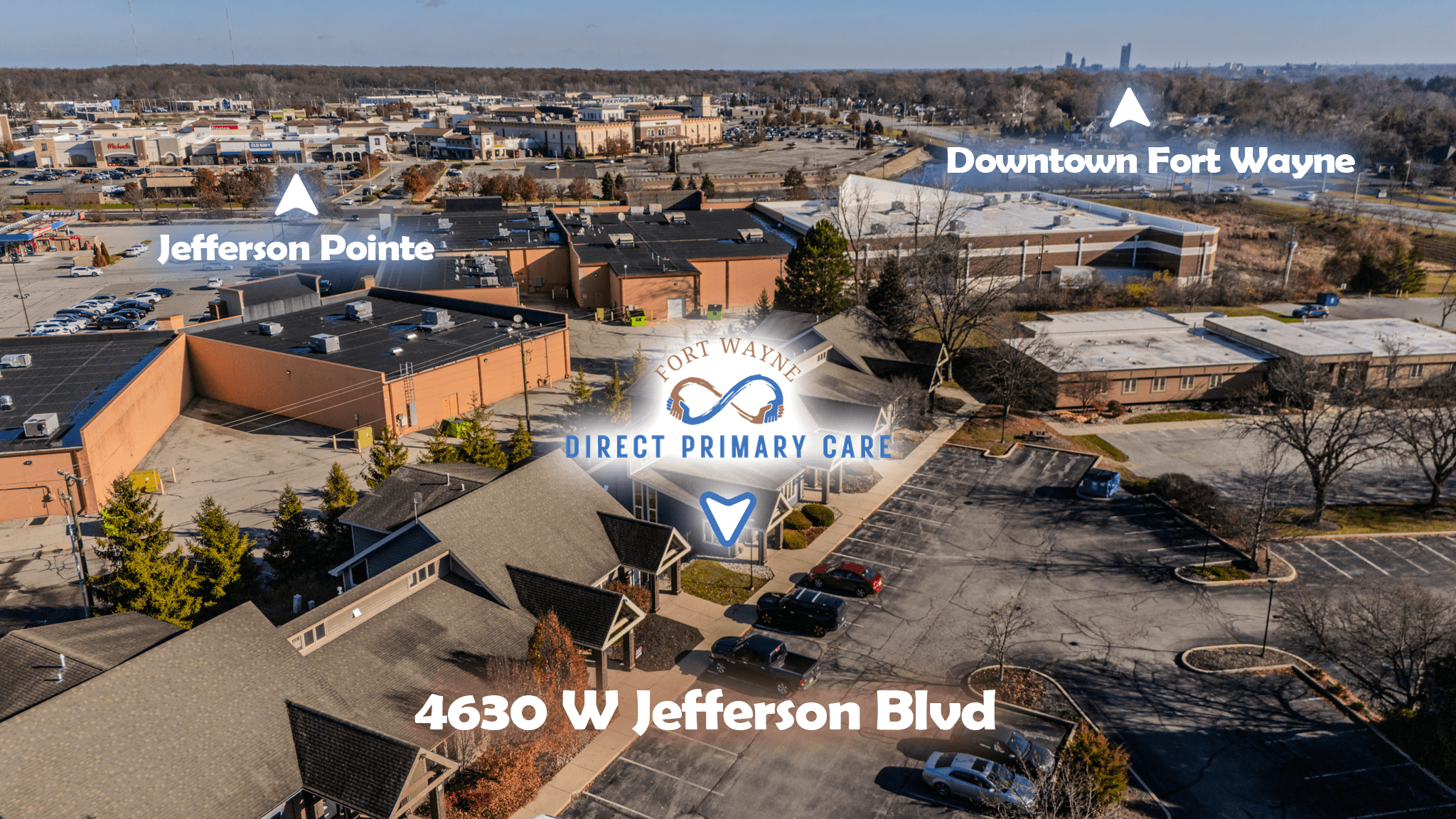 Aerial view of 4630 W Jefferson Blvd, Fort Wayne — between Jefferson Pointe and downtown Fort Wayne